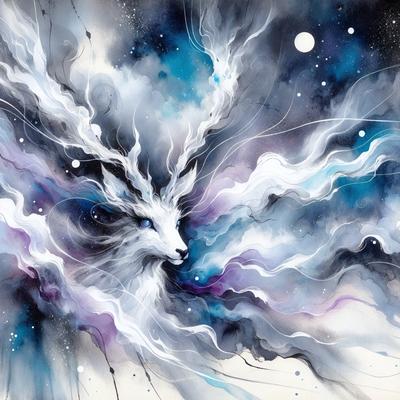 The primary subject of the image is a white and purple dragon, which is the main focus of the scene. The dragon is surrounded by a purple and blue background, giving the image a vibrant and colorful visual style. The dragon appears to be flying through the sky, creating a sense of motion and freedom. The overall atmosphere of the image is lively and dynamic, with the dragon as the central and captivating element.